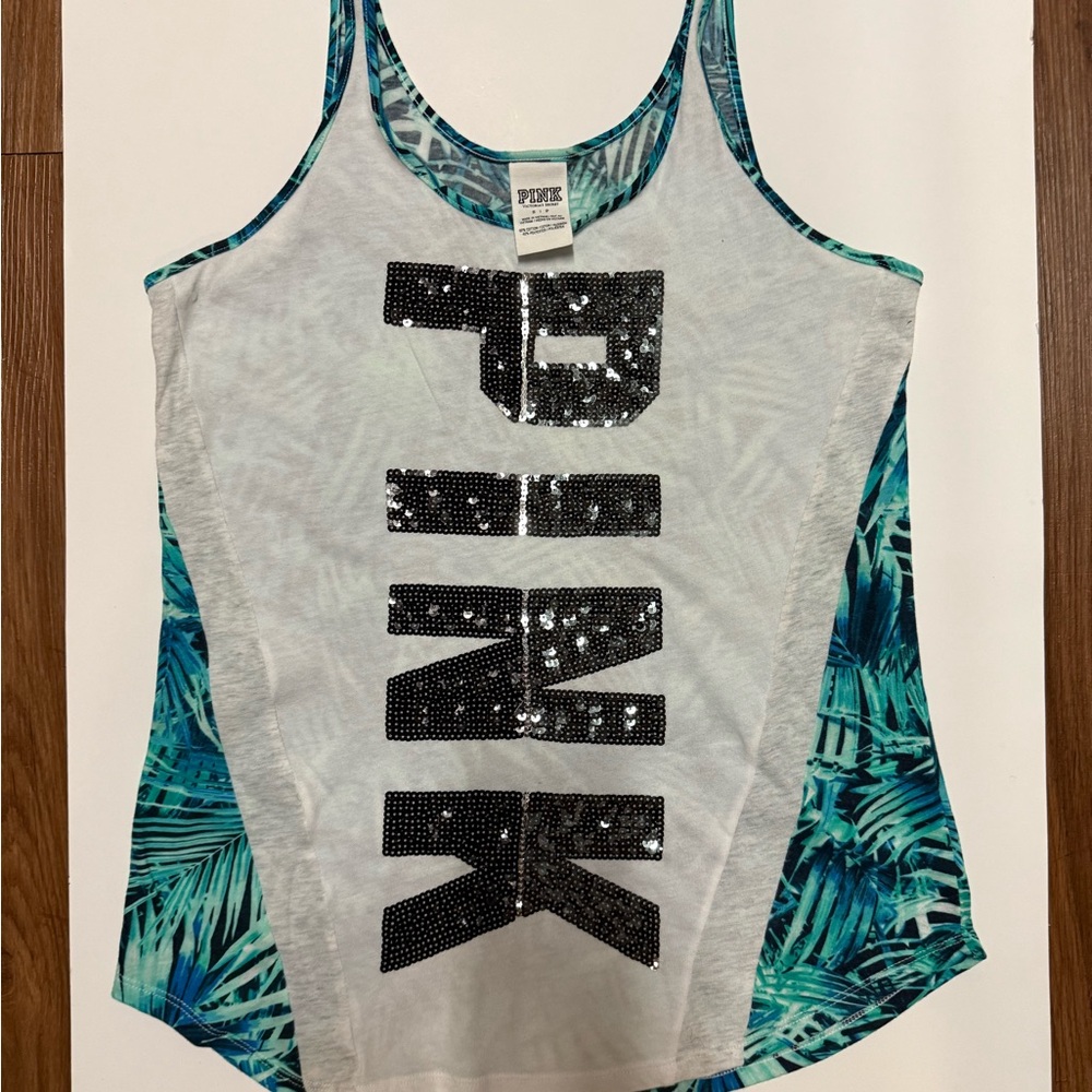 PINK Victoria's Secret Sequin Logo Tank Top - White and Blue